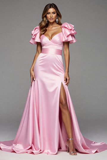 A Line Ruffle Sleeve Long Prom Dress With Slit